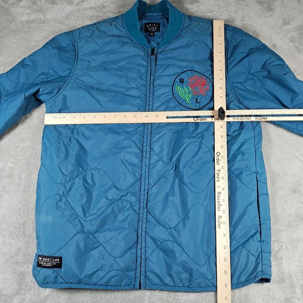The Quiet Life Jacket Mens Medium Blue Quilted Rose Embroidery Full Zip Skater